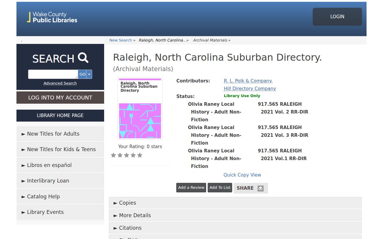 Wake Forest city directory catalog record for the suburban directory collection