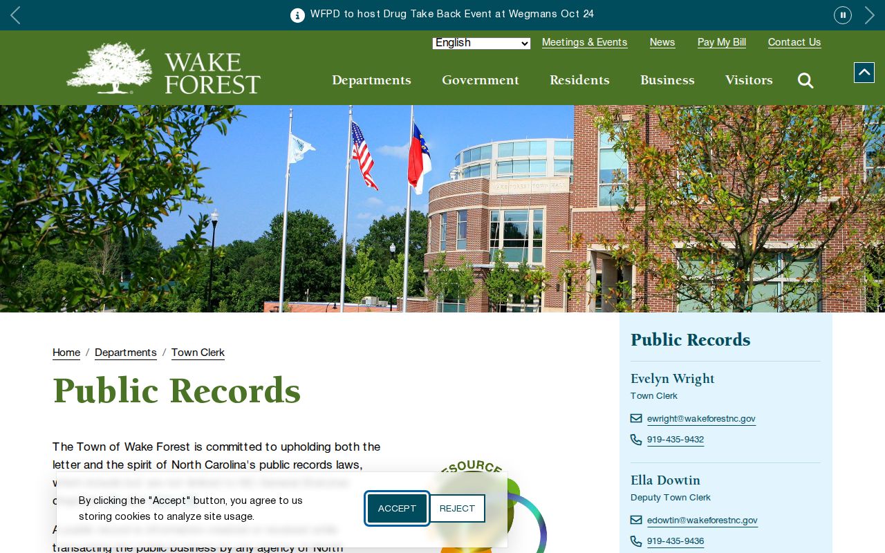 Wake Forest residents directory public records request guidance