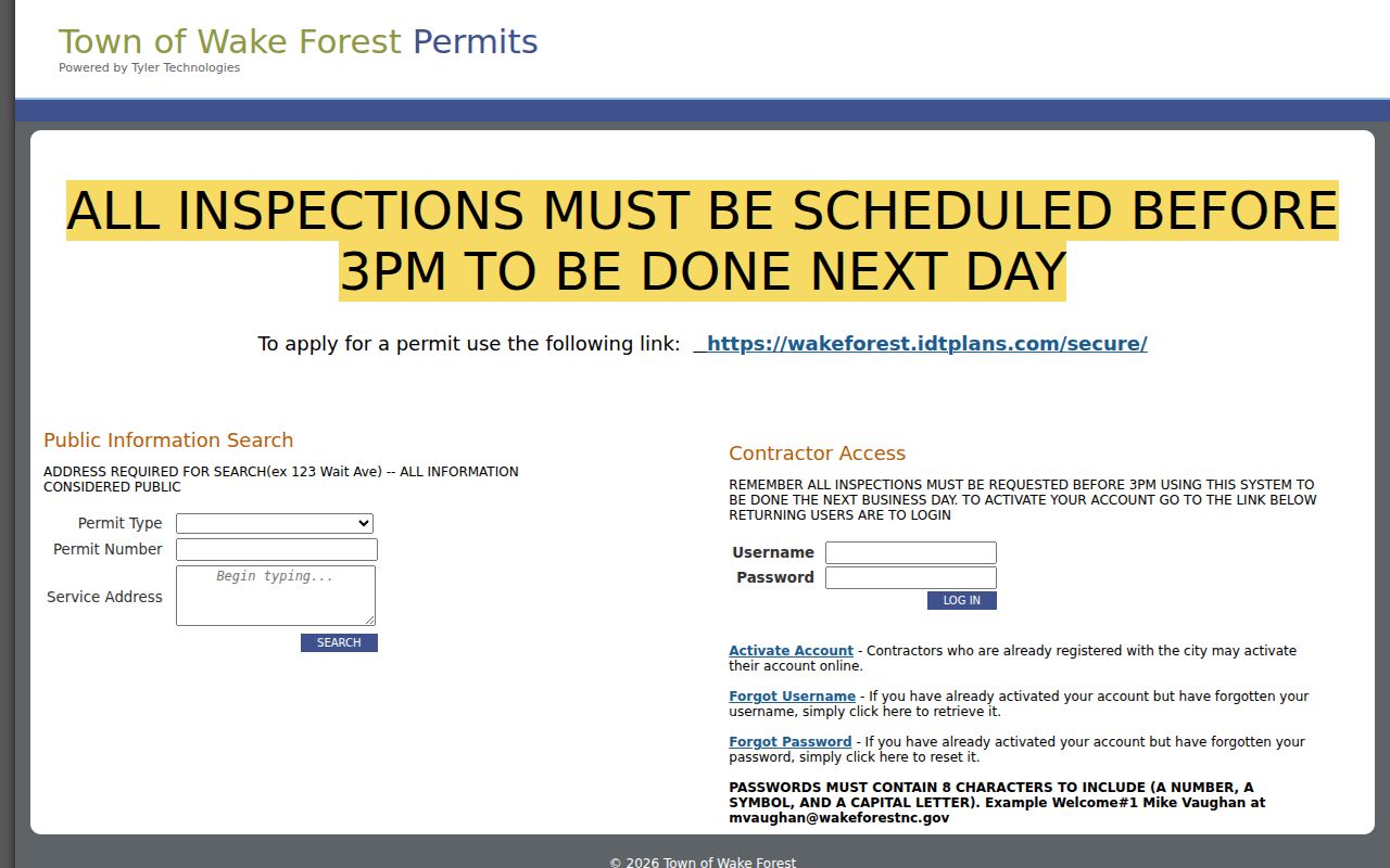 Wake Forest street directory eSuite permit and inspection search