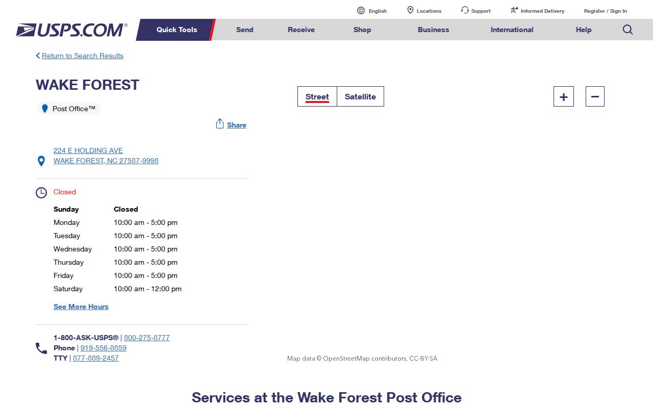 Wake Forest ZIP code directory reference showing the official Wake Forest Post Office page